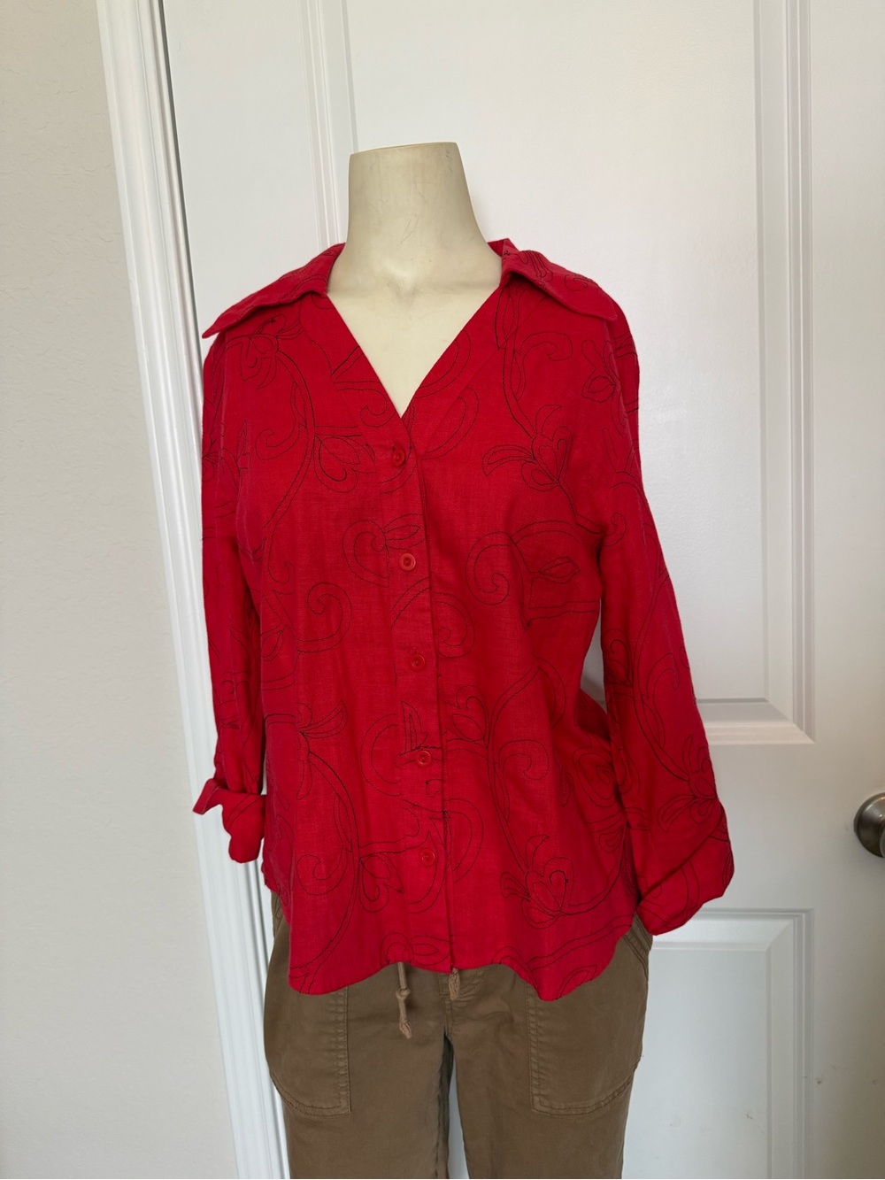 Vintage Selene Sport Linen & Rayon Red Button Down Blouse
